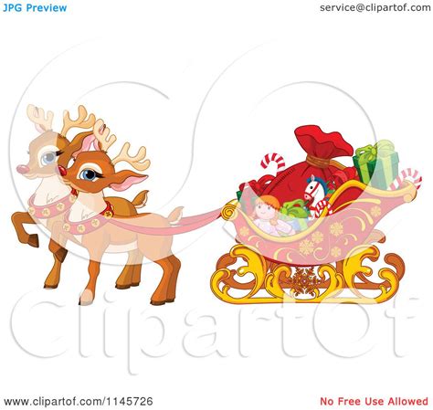 Cartoon of Cute Christmas Reindeer Pulling a Sleigh with Toys - Royalty ...