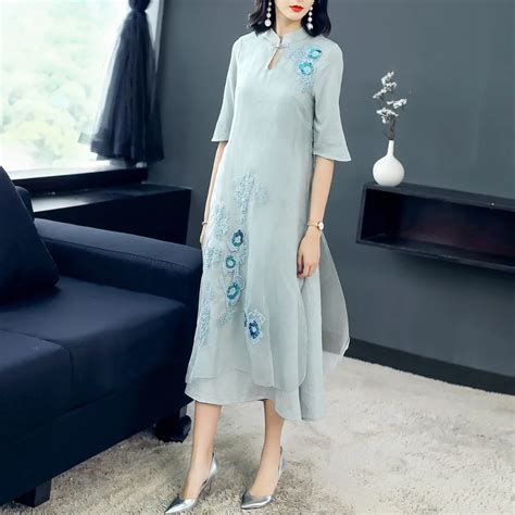 Women chinese dress Plus size Silk dress Half sleeve Embroidery Stand neck dress summer new A ...