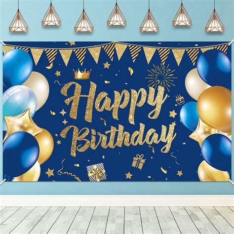 Navy Blue Birthday Party Decoration Banner, Navy Blue and Gold Happy ...