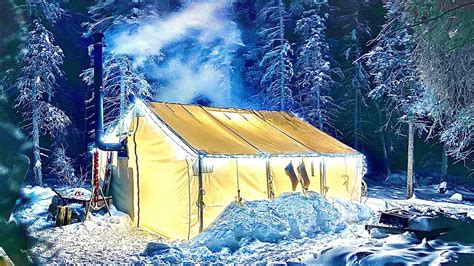 WINTER CAMPING in a GLOWING HOT TENT HUT - YouTube