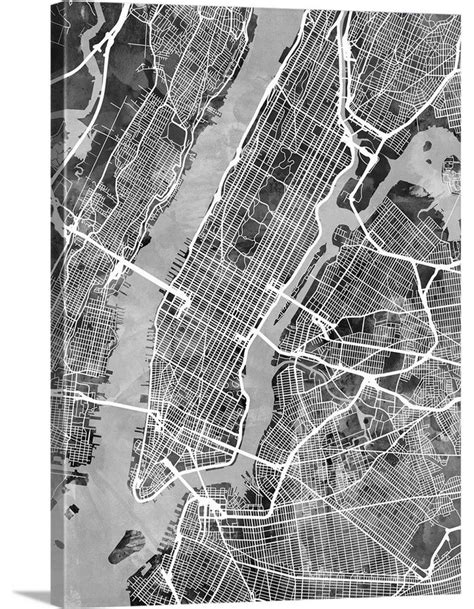 "New York City Street Map, Black and White" Wrapped Canvas Art Print ...