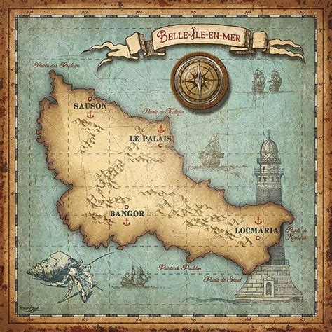 vintage french island map Bruno pozzo © 2018 Mermaid Illustration, Bike ...