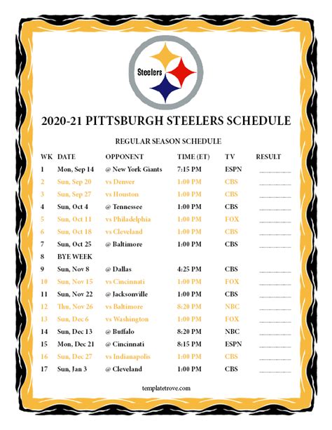 Printable 2020-2021 Pittsburgh Steelers Schedule