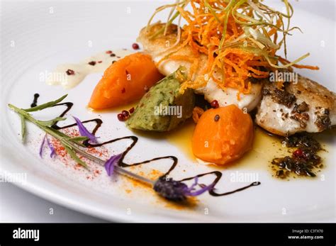 Nouvelle cuisine gourmet fish dish Stock Photo - Alamy