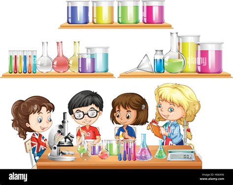 Kids doing science experiment and set of beakers illustration Stock ...