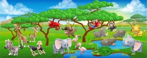 Cute Cartoon Safari Animal Scene Landscape | Beautiful nature scenes, Safari animals, Safari