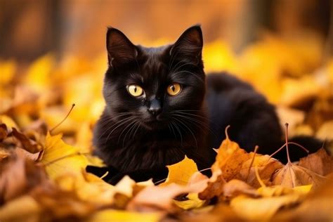 Black cat in autumn leaves 27428530 Stock Photo at Vecteezy