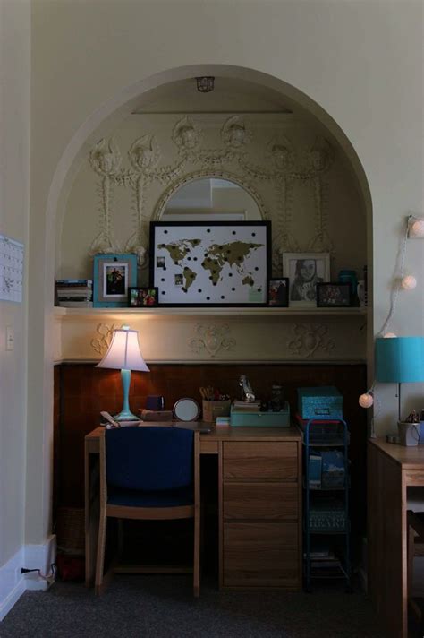 Dorm desk area. In front of fire place - Flagler college dorms | College dorm rooms, Dorm desk, Home