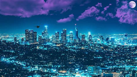 HD wallpaper: cityscape, full moon, skyline, metropolis, los angeles ...