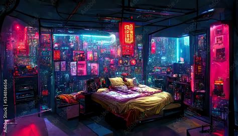 Asian cyberpunk futuristic bedroom concept art illustration Stock Illustration | Adobe Stock