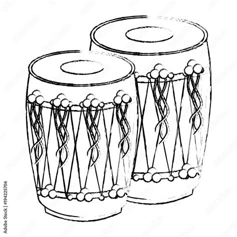 pair musical instrument punjabi drum dhol indian traditional vector illustration sketch style ...