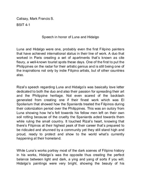 (DOC) Speech in honor of Luna and Hidalgo | Mark Francis Calisay ...