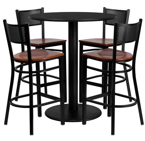 36" Round Black Table Set with Grid Back Metal Bar Stool from Renegade ...