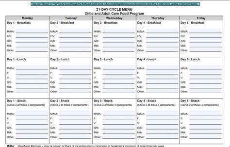 Printable Cacfp Menu Template - Printable Word Searches