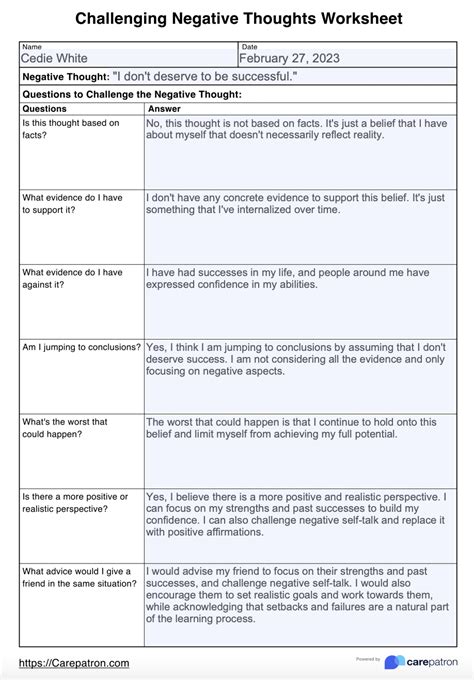 Challenging Negative Thoughts Worksheets & Example | Free PDF Download