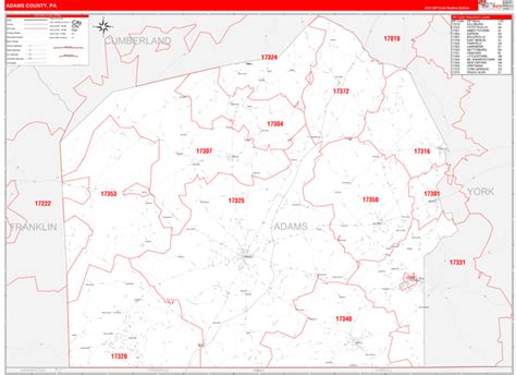 Adams County, PA Zip Code Wall Map Red Line Style by MarketMAPS - MapSales