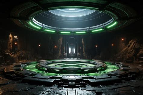 Premium AI Image | Futuristic Alien Stage with Green Lights and Cables