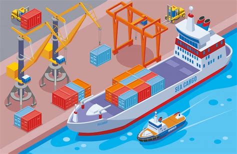 Free Vector | Cargo ship loading in port cartoon illustration