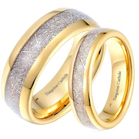 His and Hers Matching Gold Tone Tungsten Wedding Couple Rings Set - Meteorite Inlay