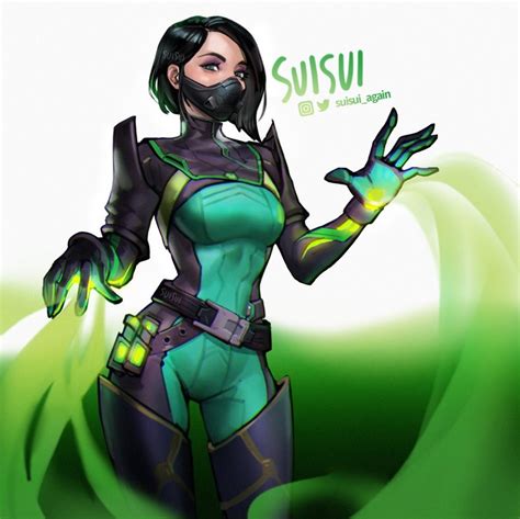 dark hair, SUISUI, viper (valorant), artwork, green eyes, Riot Games, digital art, fan art ...