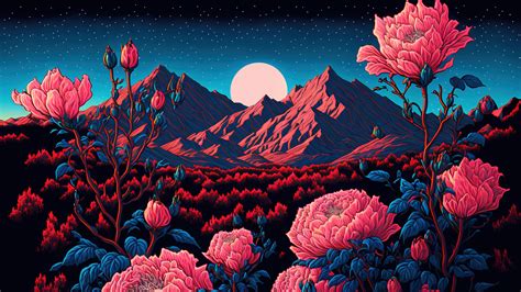 Free download Beautiful Flower Night Mountain Moon Scenery Art 4K ...