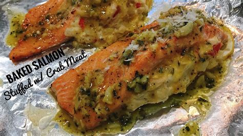 How to Bake Salmon Stuffed with Crab Meat topped Garlic Butter Sauce - YouTube | Crab stuffed ...