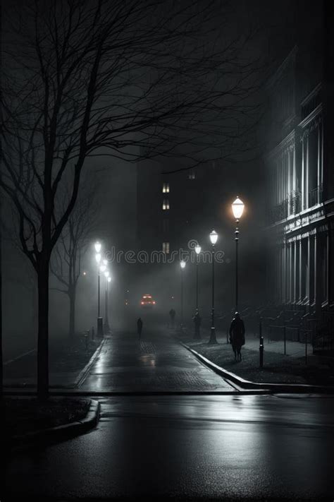 Path in Park with Street Lamps on Dark Misty Rainy Night, Created Using Generative Ai Technology ...