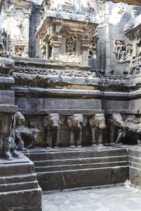 Exterior of the Kailasa Temple with Elephant Sculptures, Ellora Caves ...