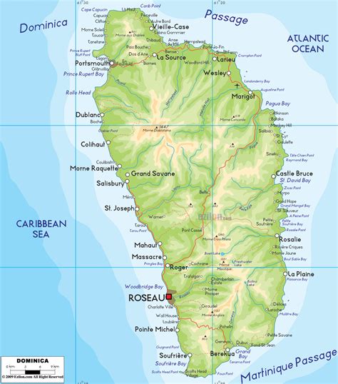 Large detailed physical map of Dominica island with cities. Dominica ...