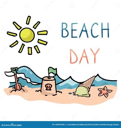 Cute Sunny Beach Day Cartoon Vector Illustration Motif Set. Hand Drawn Isolated Sandcastle ...