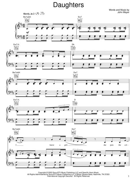 Daughters by John Mayer - Piano, Vocal, Guitar - Digital Sheet Music | Sheet Music Plus