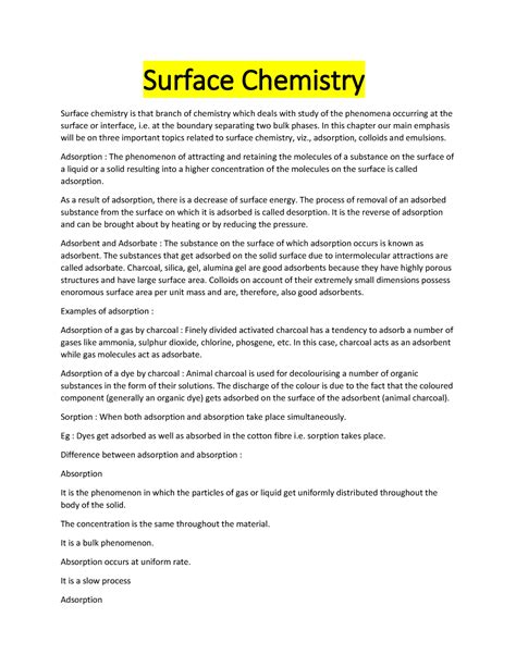 Surface Chemistry Notes - Surface Chemistry Surface chemistry is that ...