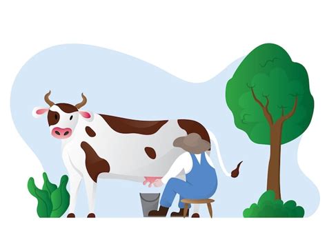 Premium Vector | Farmer milking a cow dairy cow Cattle Milk Farm Illustration flat cartoon style ...