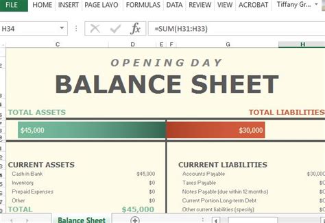 Opening Day Balance Sheet For Excel