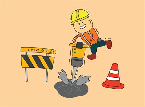 Kids drawing vector Illustration of funny construction worker drilling ...