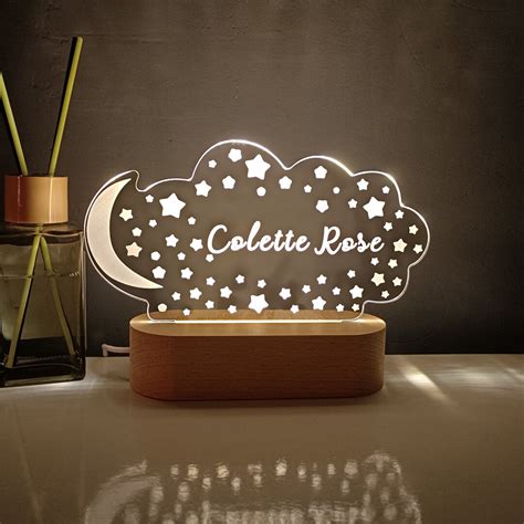 Personalized Night Light With Moon & Stars, Baby Acrylic Night Light, Custom Name Light Night ...