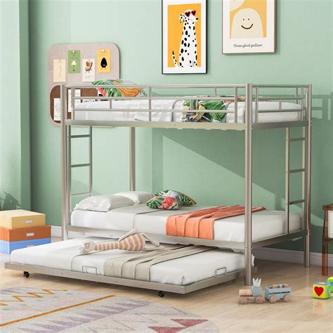 Space-Saving Twin over Twin Metal Bunk Bed with Trundle - Silver, Comes with Two Ladders ...