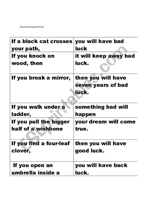 American Superstitions - ESL worksheet by RomyZam