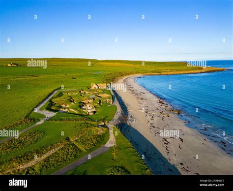 Aerial view of Skara Brae stone-built Neolithic settlement, located on the Bay of Skaill , west ...