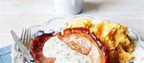 Gammon steaks with creamy parsley sauce and root veg mash recipe ...