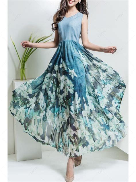 [31% OFF] 2021 Floral V Neck Maxi Chiffon Flowy Dress In LIGHT BLUE | ZAFUL