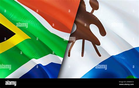 South Africa and Lesotho flags. 3D Waving flag design. South Africa ...