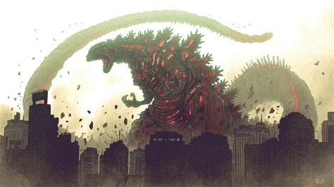 godzilla in front of cityscape with red and green lights coming from ...