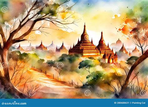 Bagan Temples In Bagan, Myanmar, Painted With Watercolors Royalty-Free ...