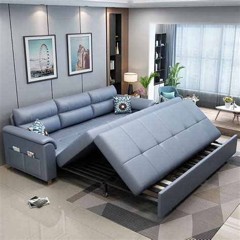 74" Blue Full Sleeper Convertible Sofa with Storage & Pockets Sofa Bed - Living Room Furniture ...