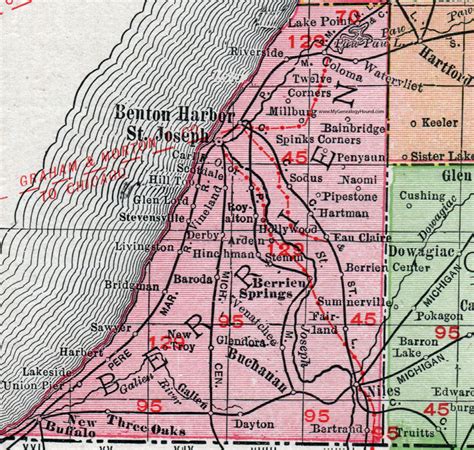 Berrien County, Michigan, 1911, Map, Rand McNally, St. Joseph, Benton Harbor, Niles