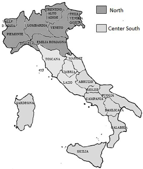 Italian regions map. The northern regions are indicated by dark gray ...