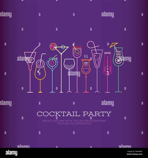 Neon colors on a dark violet background Cocktail Party vector poster template design. Ten ...