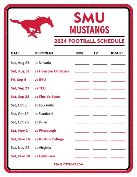 Printable 2024 SMU Mustangs Football Schedule