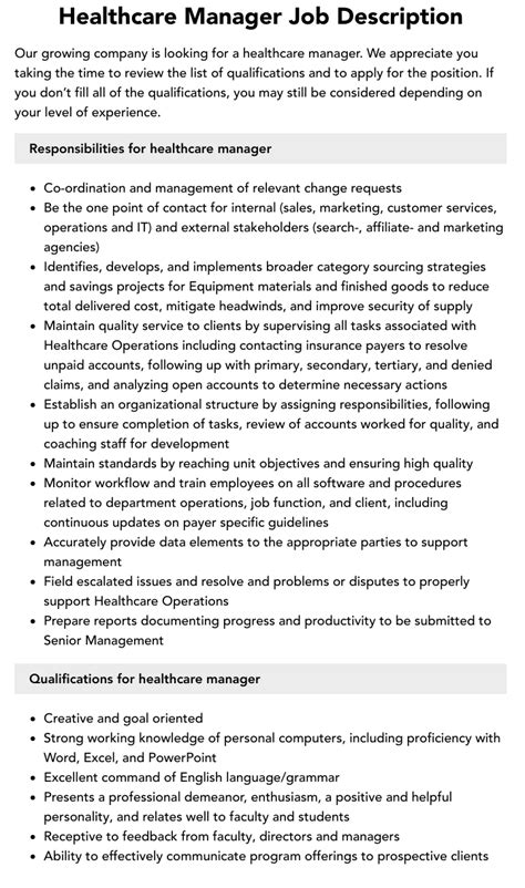 Healthcare Manager Job Description | Velvet Jobs